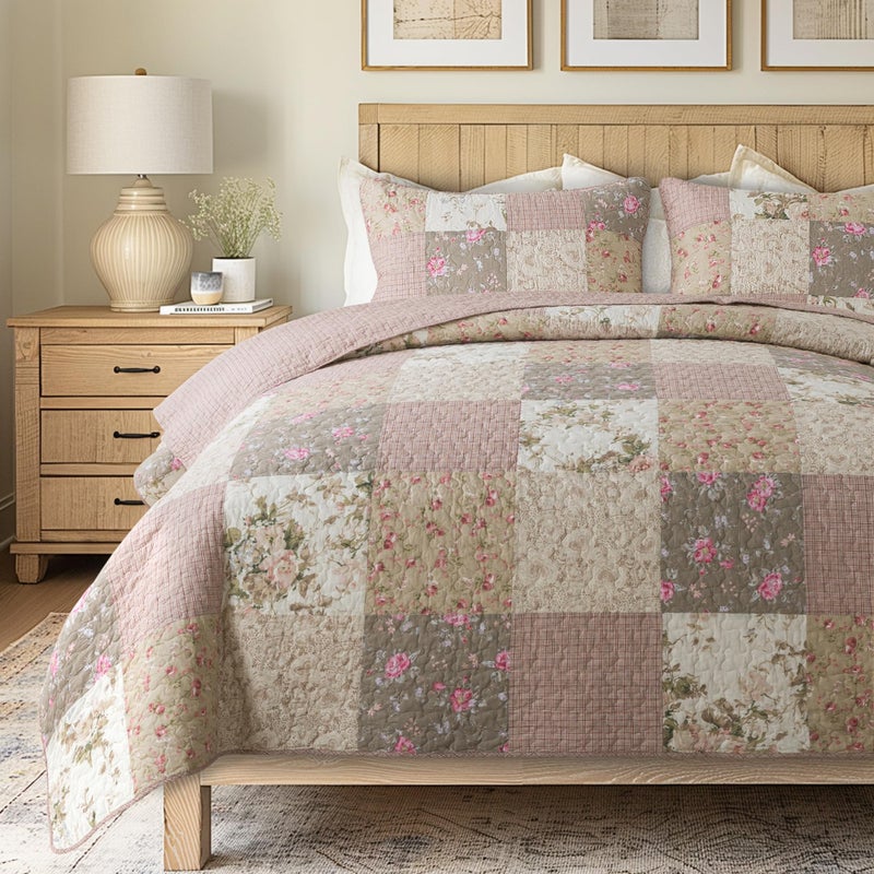 SLPR Secret Garden Patchwork Cotton Pieced Quilt Set - Twin with 1 Sham, Country Shabby Chic Bedding with Flower Pattern, Pink Floral Farmhouse Quilted Bedspread for All Seasons - Image 1
